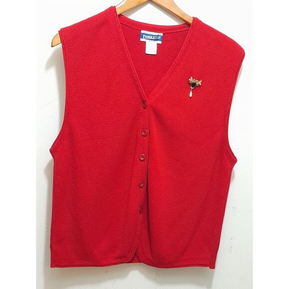 Vintage Pendleton Womens Sleeveless Holiday Size XL Christmas Cardigan & Pin Red - Picture 1 of 6